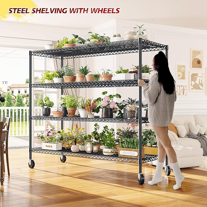 REIBII 55.5''W Heavy Duty Metal Shelves with Wheels - 4PCS Adjustable Garage Storage Rack, 75.6" H X 55.5''W X 24" D