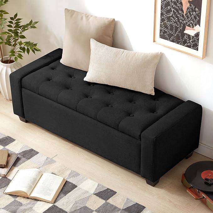 48" Ottoman with Storage, Black Storage Ottoman Bench with Safety Hinge, Upholstered Entryway Bench with Seating for Bedroom, Living Room, Holds up to 330 lb