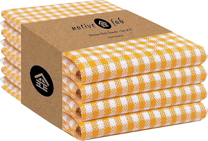 Native Fab 4 Pack Yellow Gingham Cotton Dish Towels 16"x26" - Absorbent Kitchen Linen Towels with Hanging Loop, Dishcloths Set for Drying Dishes, Cleaning Hand Towels, Mustard Yellow White