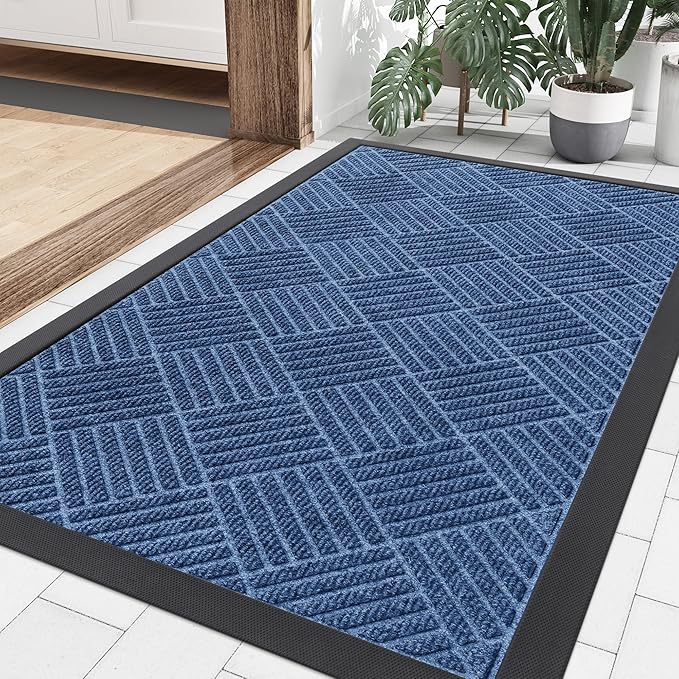 Smiry Front Door Mat Outside Entrance, Heavy Duty Outdoor Indoor Natural Rubber Doormat, Non Slip, Trap Dirt and Moisture, Easy Clean, Low Profile Patio Porch Entryway Mat, 35x23, Blue