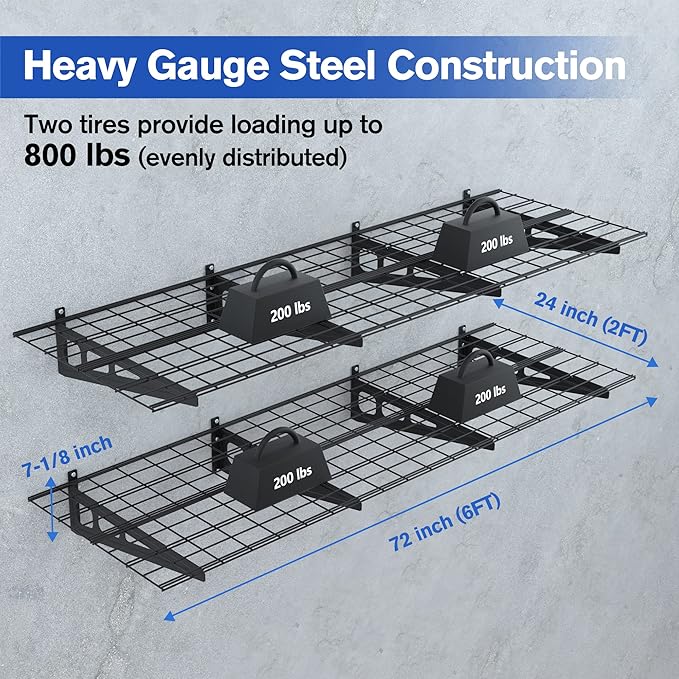 WORKPRO 2-Pack 2x6FT Garage Wall Shelving, 72” x 24” Heavy Duty Wall Mounted Shelving, 800lbs Load Capacity (Total), Metal Wall Shelves Suitable for Shop, Shed, Garage Storage, Black, 1 Sets