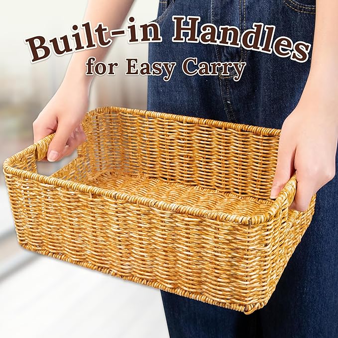 Baskets for Organizing, Undershelf Wicker Storage, Hand Woven Organizer for Closet Organization, Rectangular, Set of 3, Amber