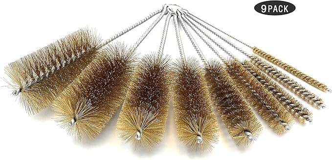 Pipe Cleaning Brush Set with Brass Bristles, 9 Piece Variety Pack for Auto Parts, Bottles,Tubes, Etc.