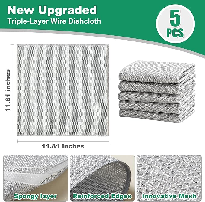 JOYMOOP Multipurpose Non-Scratch Silver Fiber Dishwashing Cloths, Reusable Cleaning Rags, Scrubbing Pads for Dishes, Glass, Stainless Steel - 5 Pack