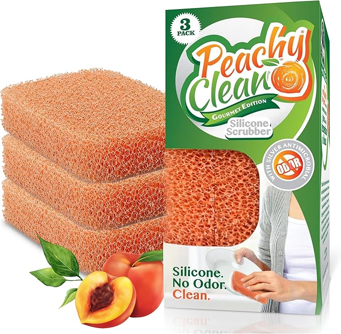 Peachy Clean Silicone Dish Sponge Scrubbers, Fresh Peach Scent, Non-Scratch, Odor-Resistant, Durable Dish Sponges for Kitchen