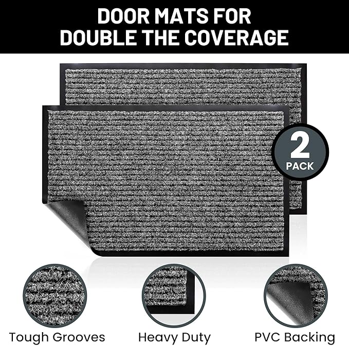 Sierra Concepts Front Door Mat X-Large Welcome Floor Mats - Entryway Indoor Outdoor Entrance Doormat, Patio, Porch, Muddy Dog Shoe, Inside Outside Low Profile 48x36in, 2-Pack Battleship Gray