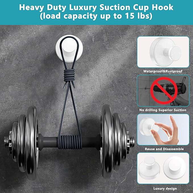 Suction Cup Hooks for Shower,Removable No Drill Towel Hooks,Upgraded 15 lbs Strong Suction hooks for Bathroom Tile,Shower Wall,Glass Door,Kitchen-Loofah,Coat,Stainless Waterproof-White 2 Pcs
