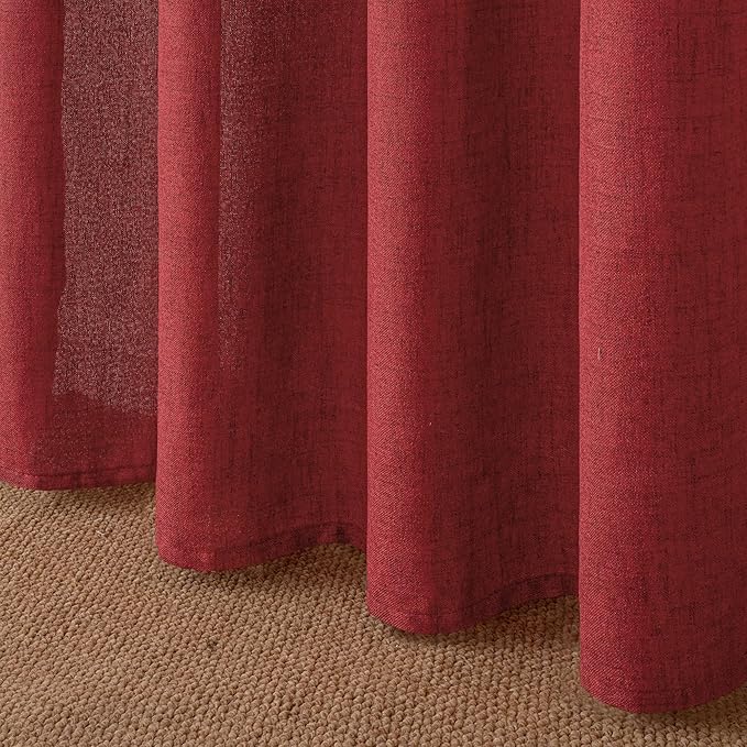 YoungsTex Red Linen Curtains 48 Inch Length for Kitchen, Short Semi Sheer Window Drapes with Rod Pocket Back Tab Light Filtering for Christmas Living Room Bedroom Bathroom, 2 Panels, 42 X 48 Inch