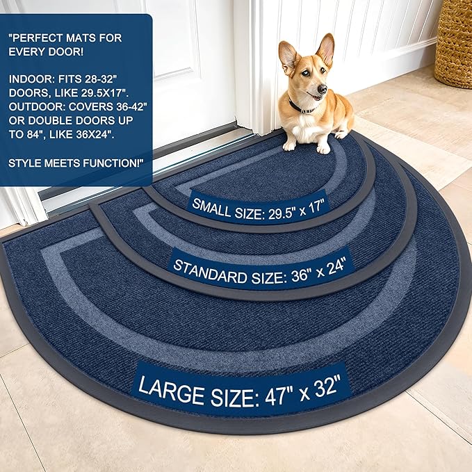OLANLY Half Circle Door Mat Indoor Outdoor Entrance Welcome, Waterproof All-Season, All-Weather Doormat, Sturdy Natural Rubber, Low Profile, Easy Clean Patio Porch Entryway Mat, 29.5x17, Blue