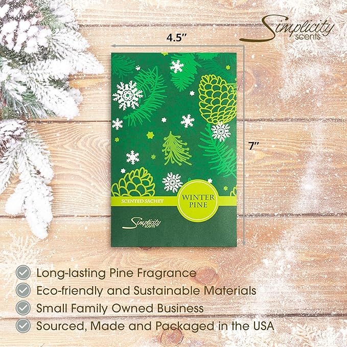 Winter Pine Scented Sachets Pack of 3, Long-Lasting Scented Bags, Home Fragrance, Air Freshener & Deodorizer for Closet, Room, Drawer, or Cars, Made in USA