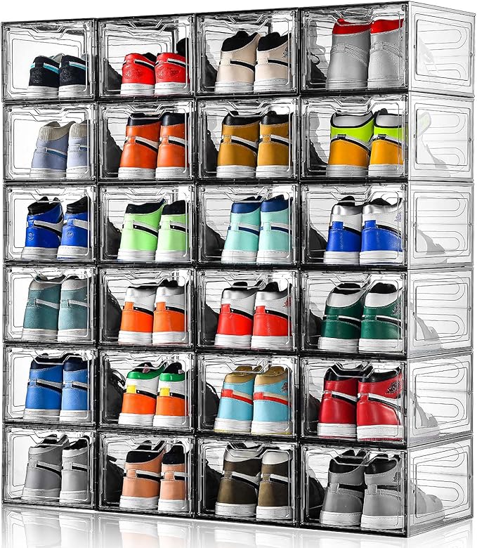 12 Pack Shoe Boxes Shoes Organizer, Shoe Storage Organizer Boxes with Magnetic Door, Clear Shoe Organizers Sneaker Storage Shoe Box for Women/Men, Fit up to US Size 12