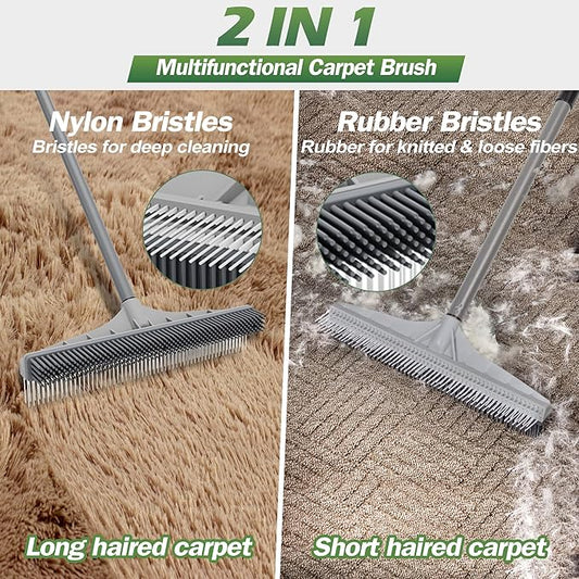 Walensee Carpet Rake for Pet Hair Removal, 61" Carpet Hair Cleaning Tool with Adjustable Long Handle, 2-in-1 Rubber Broom and Nylon Carpet Brush for Fur Rug, Stairs and Mats - Washable, Durable