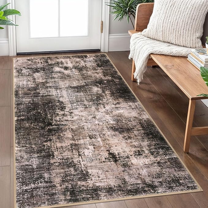 IOHOUZE Abstract Area Rug 3x5 Ft Washable Rugs for Entryway Indoor, Non Slip Kitchen Rug Printed Faux Wool Throw Rugs, Indoor Door Mat for Door Entrance Foyer Living Room, Brown/Rust
