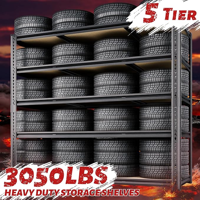 48"W Garage Shelving, 3050LBS Storage Shelves Heavy Duty, 5 Tier Metal Shelving Unit Adjustable Garage Shelves Heavy Duty Shelving for Warehouse,Commercial, Kitchen, 48" W × 18" D × 72" H, Black