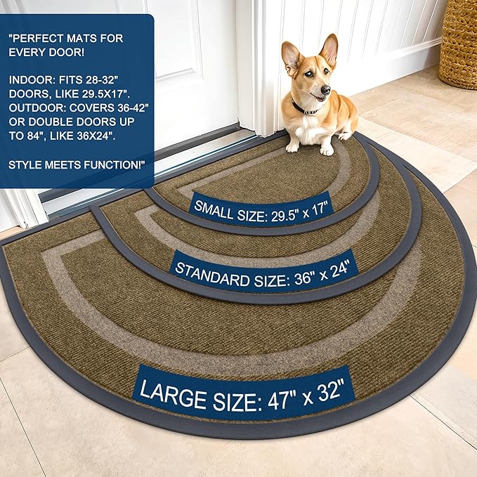 OLANLY Half Circle Door Mat Indoor Outdoor Entrance Welcome, Waterproof All-Season, All-Weather Doormat, Sturdy Natural Rubber, Low Profile, Easy Clean Patio Porch Entryway Mat, 36x24, Brown