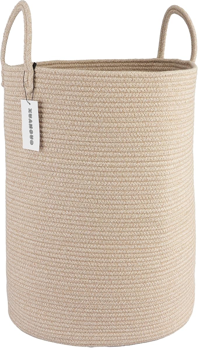 Cotton Rope Laundry Basket Hamper for Clothes Woven Storage Basket for Living Room Bedroom Boho Tall Rope Baskets for Blanket Toys Pillow Towels Baby Nursery Hamper Bin Large oatmeal