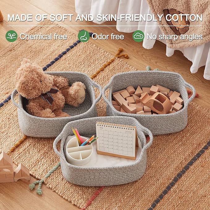 OIAHOMY Cotton Rope Baskets, Woven Baskets for Storage, Nursery Storage Baskets, Rectangle Storage Basket with Handles, Storage Baskets for Shelves, Pack of 3, Gray Variegated