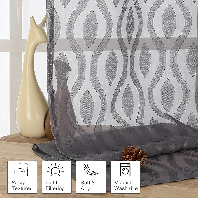 Aiyufeng Grey Sheer Curtains Tiers 36 Inch Length 2 Panels Set, Airy Lightweight Clip Jacquard Small Window Curtains, Modern Wavy Line Textured Voile Sheer Curtains for Small Windows, 40" Wx36 L Inch