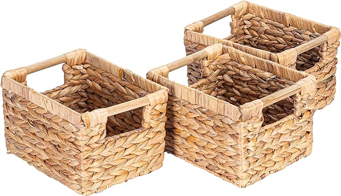 Small Wicker Baskets for Organizing Bathroom, Hyacinth Baskets for Storage, Wicker Storage Basket with Wooden Handle, Decorative Small Basket 10 x 7.5 x 6.3 inches - 3 Pack