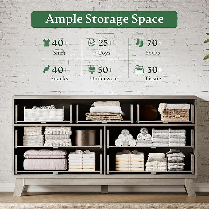 Fluted Dresser with 7 Drawers, 58" Wide Modern Chest of Drawers with Metal Handle, Wooden Dresser TV Stand, Wood Closet Clothes Storage Organizer for Bedroom, Living Room, Hallway, Light Grey