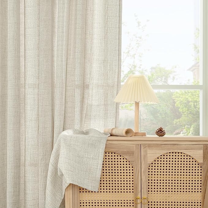 YoungsTex Linen Curtains 48 Inch Length for Kitchen, Semi Sheer Cream Window Drapes with Rod Pocket Back Tab Light Filtering Textured for Living Room Bedroom Bathroom, 2 Panels, 42 X 48 Inch