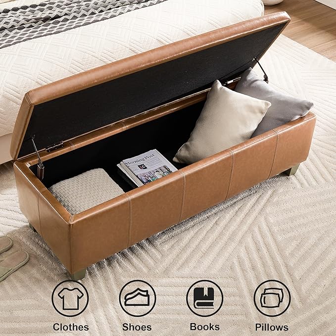 51" Faux Leather Storage Ottoman, Stitch Tufted Rectangle Upholstered End of Bed Storage Bench, Entryway Large Couch Ottoman with Wooden Legs, Light Brown