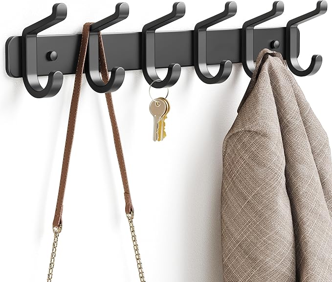 Coat Rack Wall Mounted Heavy-Duty: Metal Coat Hanger 6 Hooks for Hanging Hat, Clothes, Robe, Keys, Backpack, Bathroom Towels, Jacket, Purse - Closet, Door, Entryway, Mudroom (Black, 1 Pack)