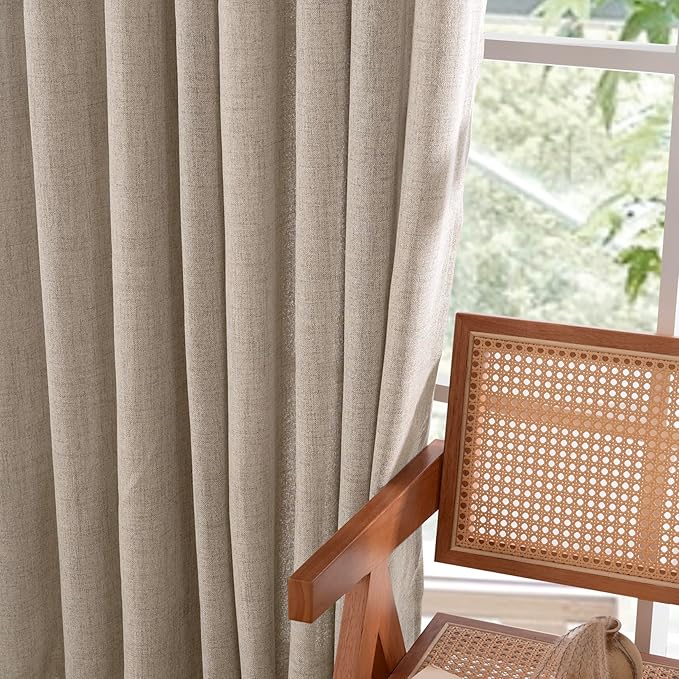 YoungsTex Linen Semi Sheer Curtains 95 Inches Long 2 Panels for Living Room, Textured Floor Length Drapes Light Filtering with Rod Pocket Back Tab for Bedroom, Dark Oatmeal,52 X 95 Inch