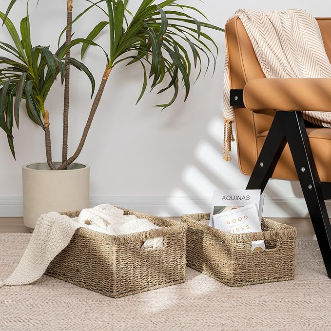 StorageWorks Wicker Storage Baskets, Large and Small Baskets, Handwoven Seagrass Basket for Organizing, Decorative Organizers with Built-in Handles, Set of 2