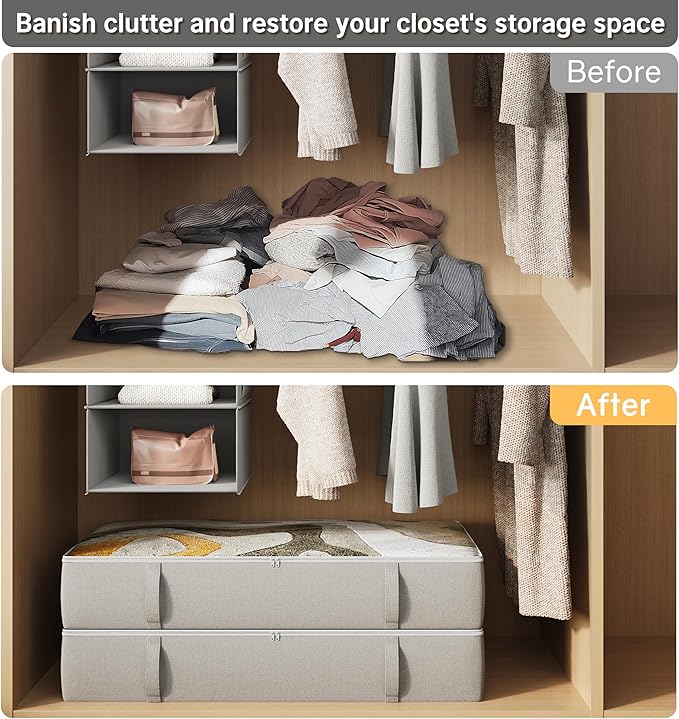 2-Pack Under Bed Storage Containers, 8 Inches Tall Underbed Clothes Storage Organizer Bin with Sturdy Sidewalls/Bottom, Under the Bed Storage Bags 2 Storage Bins, Light Grey