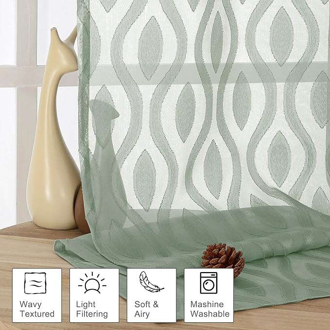 Aiyufeng Green Sheer Curtains Tiers 36 Inch Length 2 Panels Set, Airy Lightweight Clip Jacquard Short Kitchen Window Curtains, Modern Wavy Line Textured Voile Sheer Curtain Panles, 40" Wx36 L Inches
