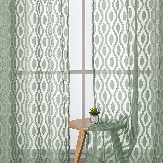 Aiyufeng Green Valance Curtains 14 Inch Length, Chic Wavy Line Clip Jacquard Sheer Curtains for Basement Bathroom Small Curtain, Lightweight Solid Rod Pocket Small Window Curtains, 2 PCS, 40Wx14L Inch