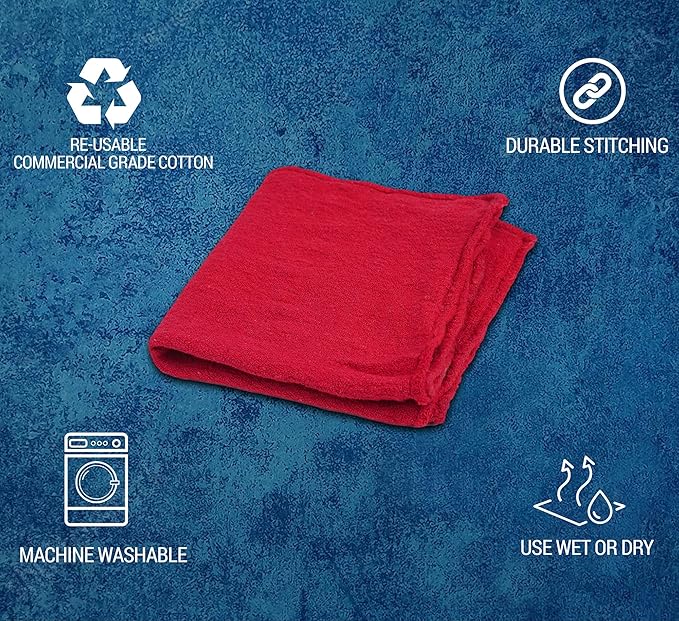 Cotton Shop Towels - Pack of 50 Cleaning Rags 12'' x 14'' - Super Soft and Absorbent Shop Rags for House - Multipurpose Cleaning Towels for Automobiles, Industries, Garage