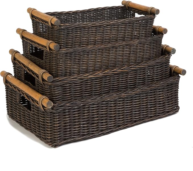 The Basket Lady Low Pole Handle Wicker Storage Basket, Large, 19.5 in L x 12.5 in W x 6 in H, Antique Walnut Brown