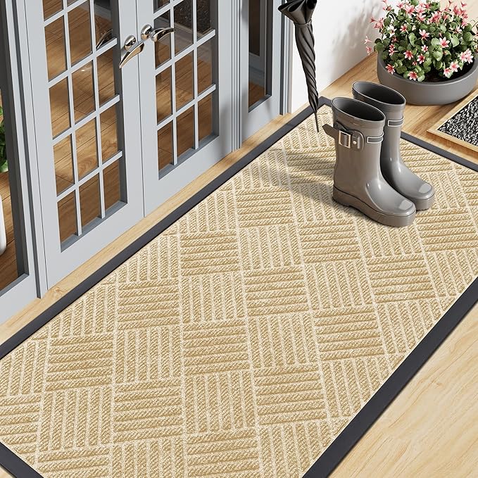 Smiry Front Door Mat Outside Entrance, Heavy Duty Outdoor Indoor Natural Rubber Doormat, Non Slip, Trap Dirt and Moisture, Easy Clean, Low Profile Patio Porch Entryway Mat, 59x23, Beige
