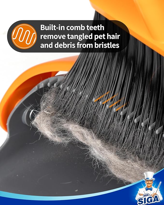 MR.SIGA Broom and Dustpan Set with Long Handle, Stand Upright Broom with Dustpan Combo for Cleaning Office, Garage, Lobby, Lightweight Sweeping Set, 51.7"(131 cm) Long Handle, Gray & Orange