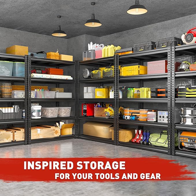REIBII 72" H Garage Shelving Load 2500 LBS, Heavy Duty Storage Shelves, 5-Tier Adjustable Garage Shelves for Warehouse, Basement, 72" H x36 W x18 D, Black, 3 Pack