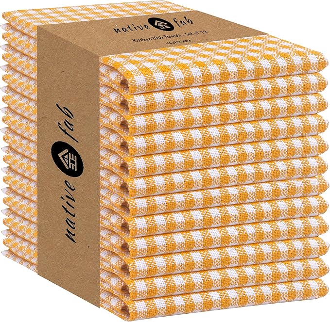 Native Fab 12 Pack Mini Check Yellow Kitchen Towels 16"x26" - Gingham Plaid Cotton Dish Towels - Absorbent Dishcloth Set, Soft Reusable Towel with Hanging Loop - Yellow White