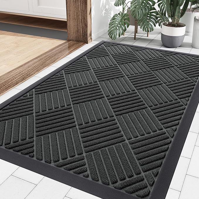 Smiry Front Door Mat Outside Entrance, Heavy Duty Outdoor Indoor Natural Rubber Doormat, Non Slip, Trap Dirt and Moisture, Easy Clean, Low Profile Patio Porch Entryway Mat, 35x23, Black