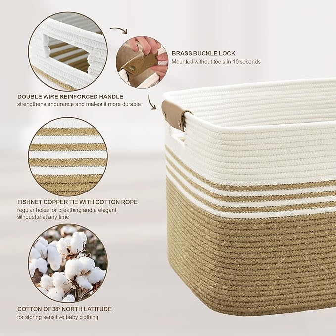 72L Large Laundry Basket with Leather Handles for Living Room Storage, Woven Rope Baskets Bin for Blanket, Kids Toy, Gifts, Wicker Hamper for Bedroom Dirty Clothes, 22"x17"x12" Khaki