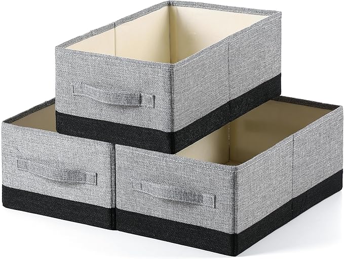 linen closet organizers and storage, 3 Pack Large Storage Baskets, Washable, Clothing Storage Bins with Handle, Closet Organizer for Storage Sweater,Sheets (gray black, 16"x9½"x6¾")