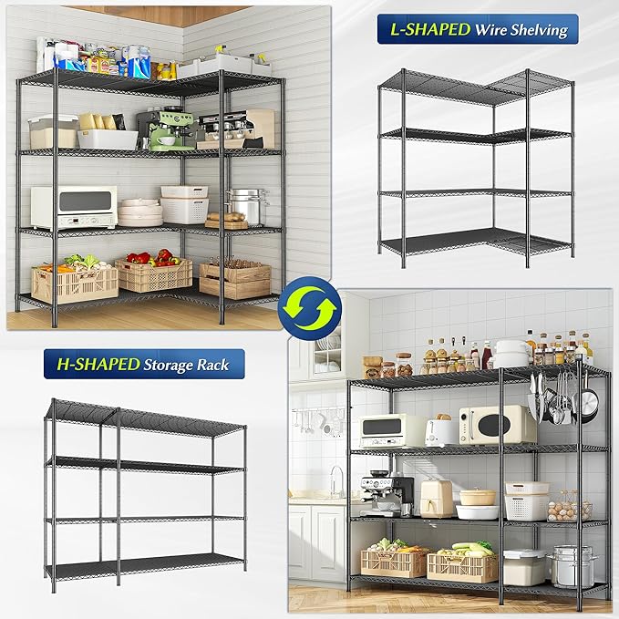 52.36''W Storage Shelves Metal Shelving Unit Load 1120LBS 4 Tier Wire Shelving for Storage Rack Adjustable Garage Shelving Heavy Duty for Pantry Kitchen Garage,52.36Wx13.78Dx59H