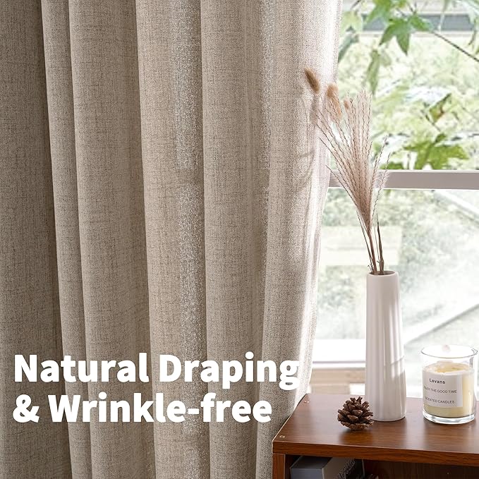 YoungsTex Short Linen Curtains 40 Inch Length for Kitchen Windows Over Sink, Small Drapes with Rod Pocket Back Tab Semi Sheer Light Filtering for Cafe Bathroom, 2 Panels, Oatmeal, 30 X 40 Inch