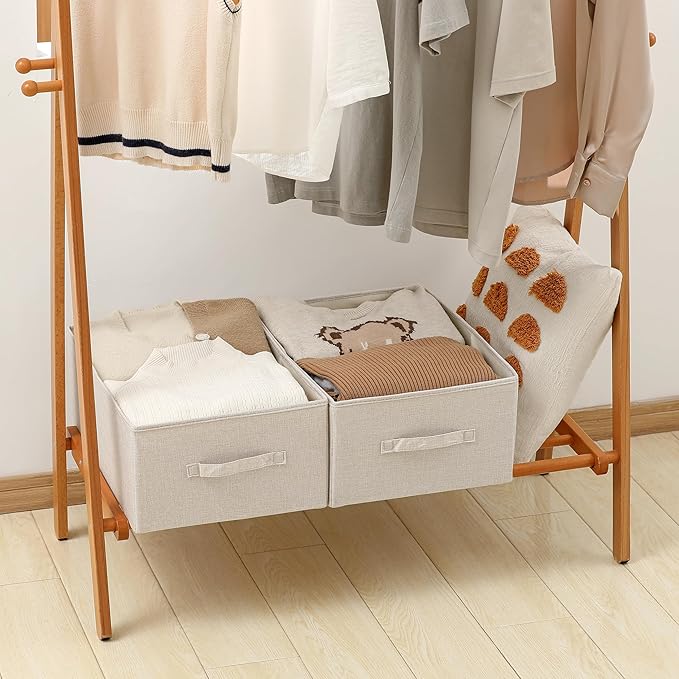 Linen Folding Storage Bins, 3 Pack Large Storage Baskets, Washable, Clothing Storage Bins with Handle, Closet Organizer for Storage Sweater,Sheets(Beige, 18½"x13½"x8½")