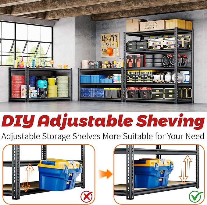 72"H Storage Shelves heavy duty, 2000LBS Garage Shelving, 5 Tier Metal Shelving Unit Adjustable Garage Shelves Rack Shelf for Storage Warehouse Pantry Closet,35.6" W × 16" D × 72" H, Black, 2PCS
