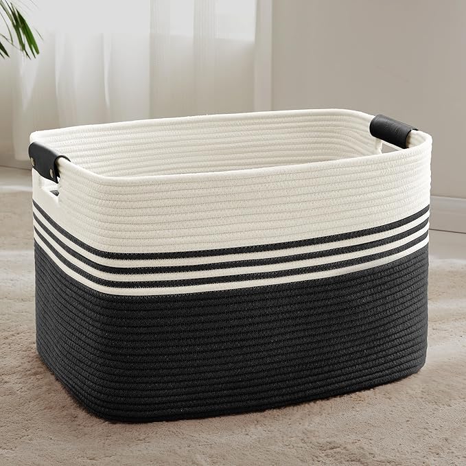 86L Extra Large Laundry Basket with Leather Handles for Living Room Storage, Woven Rope Baskets for Blanket, Kids Toy, Gifts, Wicker Hamper for Bedroom Dirty Clothes, 24"x16"x14" White Black