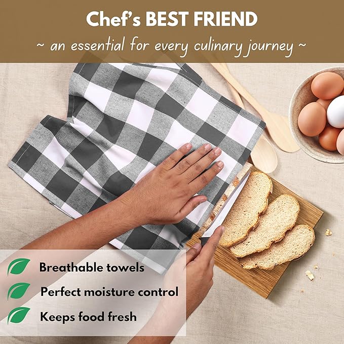 Native Fab 6-Pack Kitchen Towel with Hanging Loop 16x26 inches, Cotton Buffalo Check Kitchen Towels for Cleaning Drying, Washcloths Soft & Absorbent Cloth Rags, Bar Towel, Dish Cloth, Grey