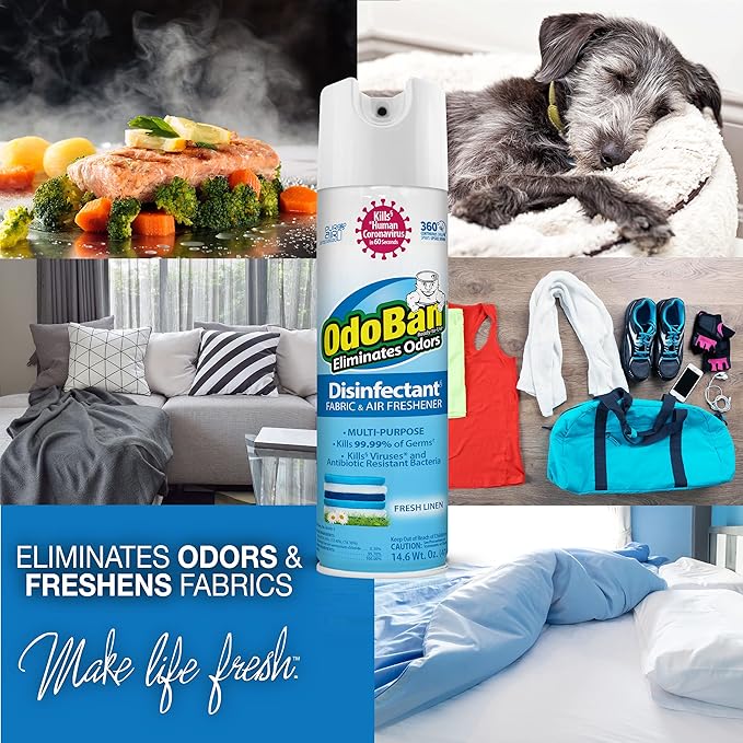 OdoBan Ready-to-Use 360-Degree Continuous Spray Disinfectant and Harsh Aroma Eliminator, Fabric and Air Freshener, 2 Pack, 14.6 Ounces Each, Fresh Linen Scent