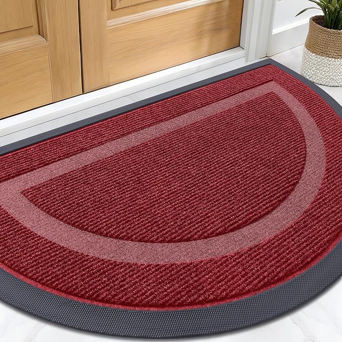 OLANLY Half Circle Door Mat Indoor Outdoor Entrance Welcome, Waterproof All-Season, All-Weather Doormat, Sturdy Natural Rubber, Low Profile, Easy Clean Patio Porch Entryway Mat, 29.5x17, Wine Red
