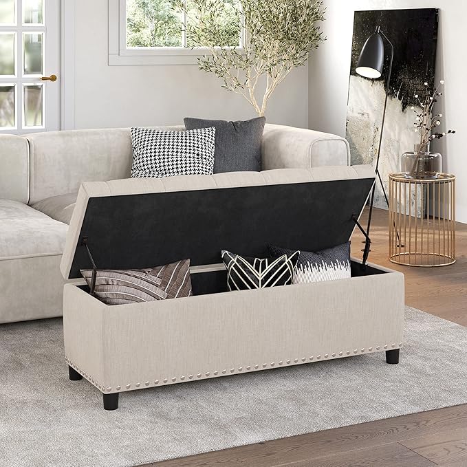 BELLEZE 47" Storage Ottoman, Storage Bench with Safety Close Hinge, Linen Button-Tufted Ottoman for Living Room, Entryway, Hallway, Foot Rest, Support 300lbs - Beige